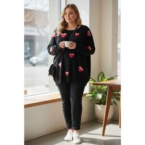 Black Heart Sweater 2X Oversized Pink Felted Hearts Soft Cozy Plus Size
